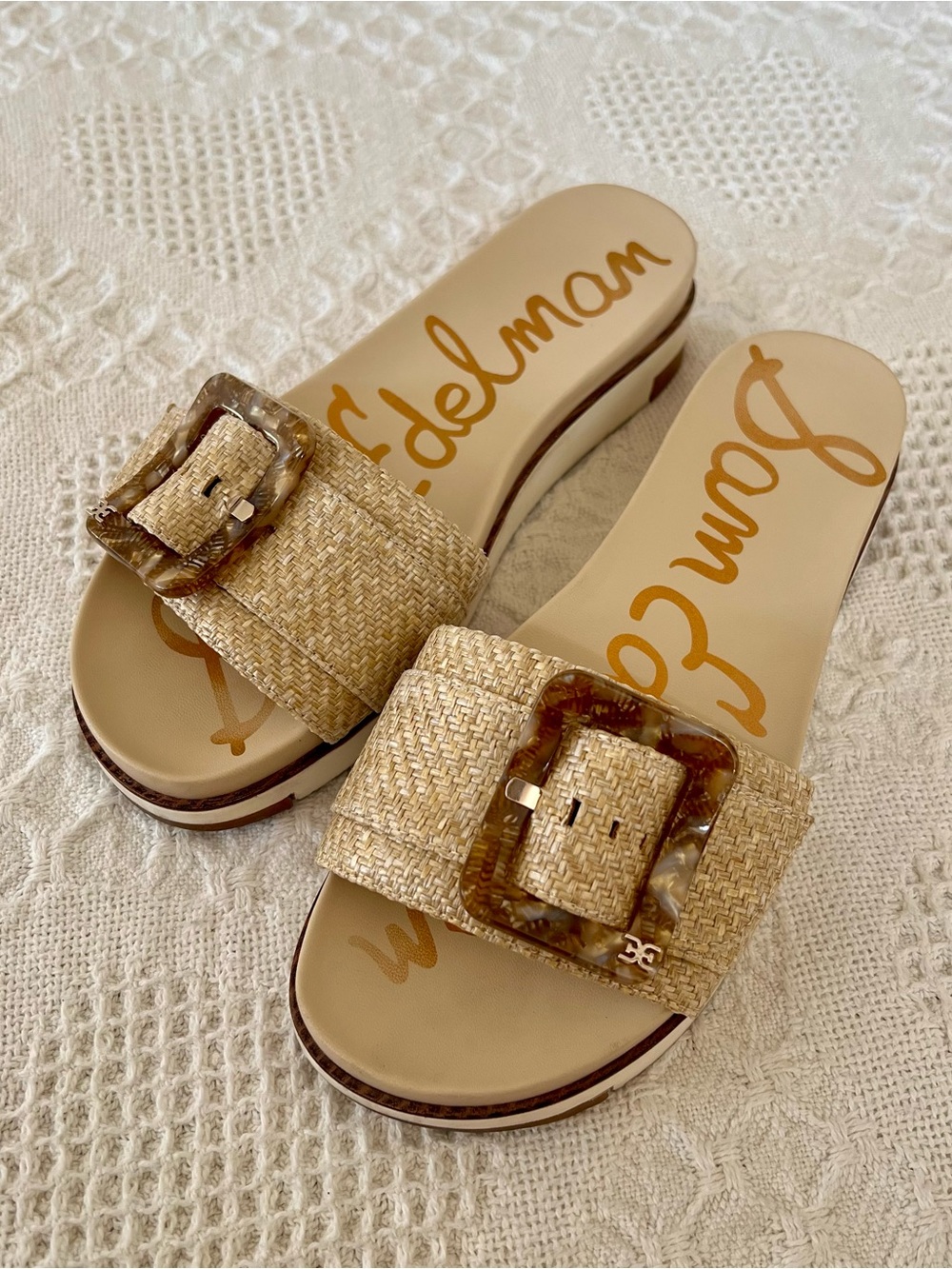 Sam Edelman Ariane Wedge Sandals Raffia Oversized Tortoise Shell Buckle Size 8 - Picture 2 of 15